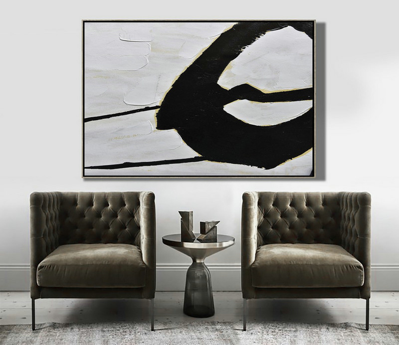 Modern Paintings On Canvas,Horizontal Palette Knife Minimal Canvas Art Painting Black White Beige - Hand Painted Abstract Art
